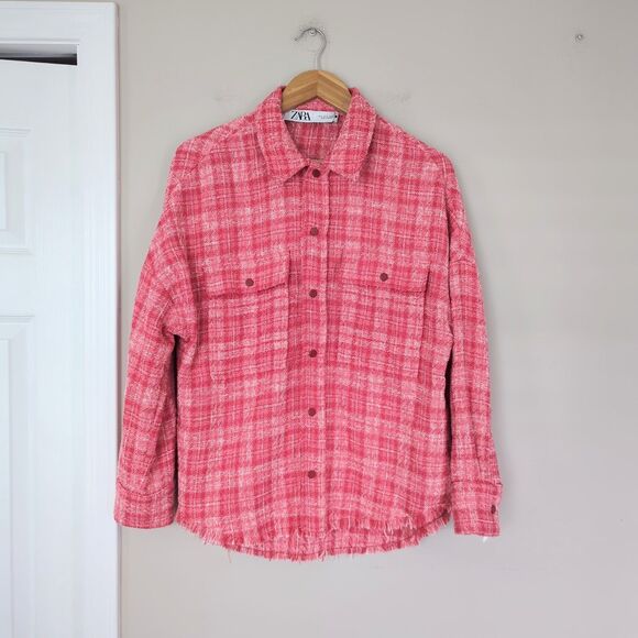 Zara Tops - Zara Pink Tweed Button Down Long Sleeve Shirt Shacket Fringe Hem Small Relaxed